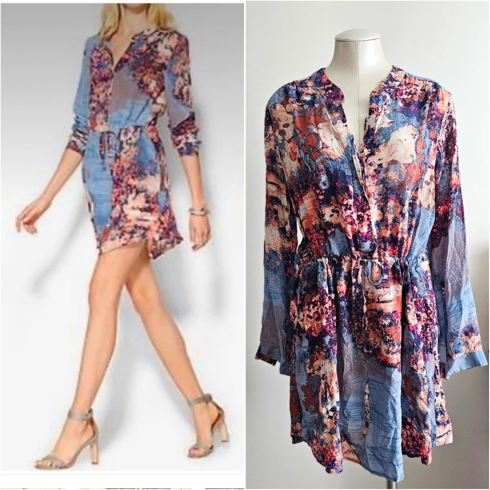 Piperlime Collection 100% Silk Watercolor Print Drawstring Shirtdress XL